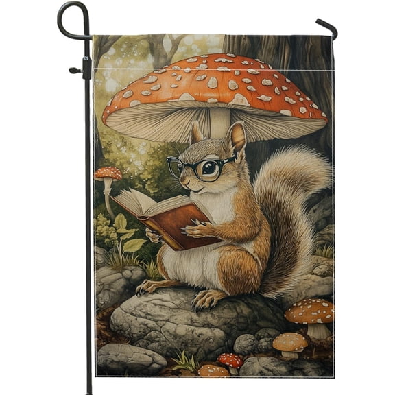 Reading Squirrel Garden Flag, Forest Scene Outdoor Yard Banner, Fall Home and Party Decoration, 12x18 Inch