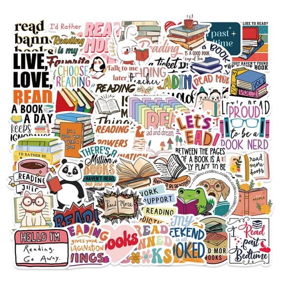Reading Sticker Packs, Book Lover, Bookish, Penguin, 50Pcs Cartoon Book Themed Waterproof Diy Decals for Water Bottles, Cars, Laptops, Notebooks, Phones and Skateboards