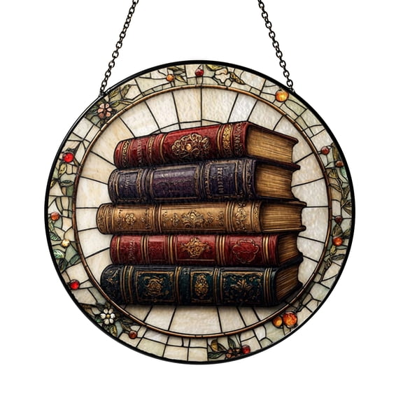 Reading Theme Library Scene Window Suncatcher, Decorative Stained Glass Style Literary Art, Thoughtful Gift