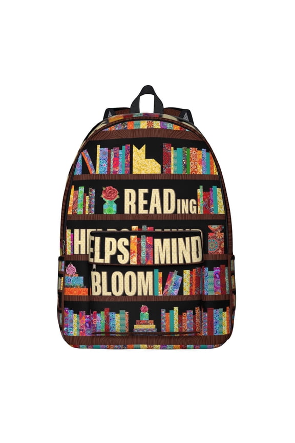 Reading Themed Backpack for Bookworms, Born to Read Bookshelf Bookcase Wall Print School Bag, Literary Aesthetic Daypack