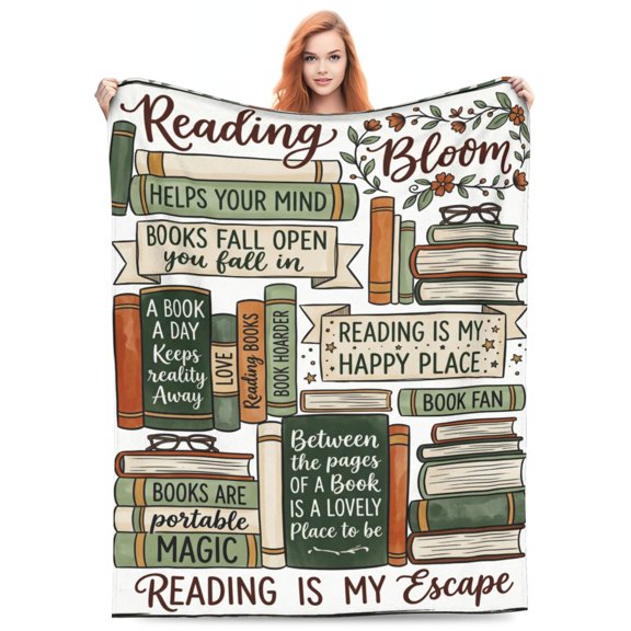 Reading Throw Blanket, Book Lover Design, Soft Flannel Blanket Gift for Readers Women, Librarian Christmas Graduation Present 50x40