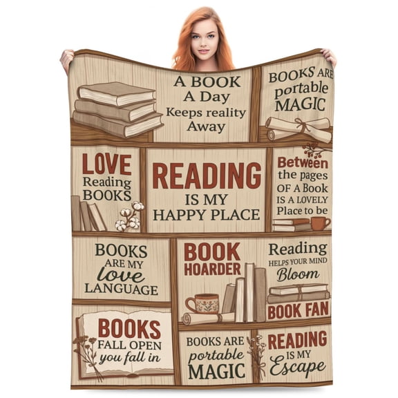 Reading Throw Blanket, Book Lover Design, Soft Flannel Blanket Gift for Readers Women, Librarian Christmas Graduation Present 50x40