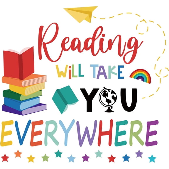 Reading Wall Decor Inspirational Quote Learning Wall Sticker DIY Kids Book Reading Will Take You Everywhere Books Decals for Read Corner Nursery Library Classroom Study Room Stickers Multi-color