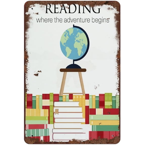 Reading Where The Adventure Begins Vintage Tin Sign Schoolroom Art Office Wall Sign Decor Home Wall Art Library Decor Classroom Sign 12x8 Inch