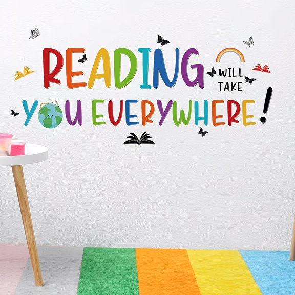 Reading Will Take You Everywhere Wall Decal - Colorful Butterfly Rainbow Motivational Sticker for Kids Room Classroom Library Decor