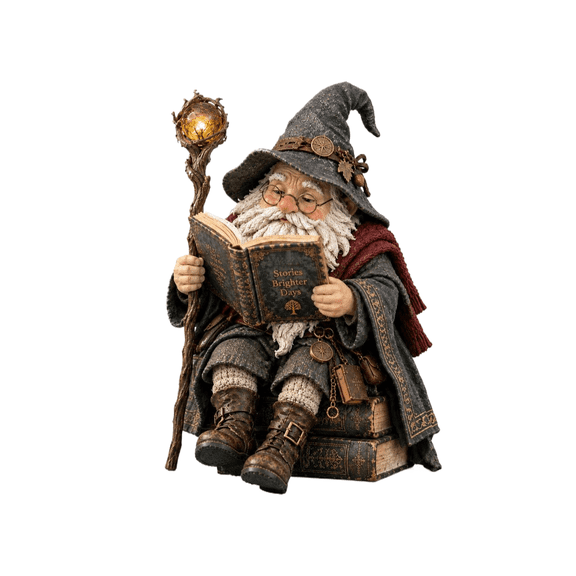 Reading Wizard Scholar Statue Figurine, Magical Elf Style Wise Intellectual Accent for Bookshelf Desk Study Room Brown
