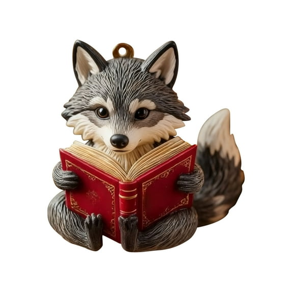 Reading Wolf Ornament Christmas Forest Animal Ornament, Cute Fox Reading Books, DIY Christmas Tree Decoration, Personalized Woodland Creature Hanging Ornament Gift, Animal & Readers Lovers