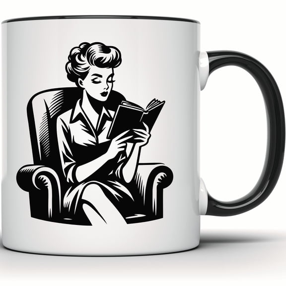 Reading Woman Mug - Retro Style Pinup Girl Design | Book Lover's Gift | Vintage Art Coffee Mug | Classic Beauty for Bookworm - 11 Ounce Black Rim Handle Novelty Coffee Cup - WMUG1882-BLK