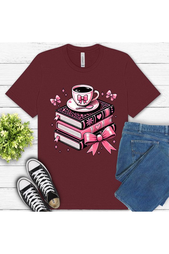 Reading and Coffee Shirt – Cute Book Stack with Bow Graphic Tee, Maroon, S