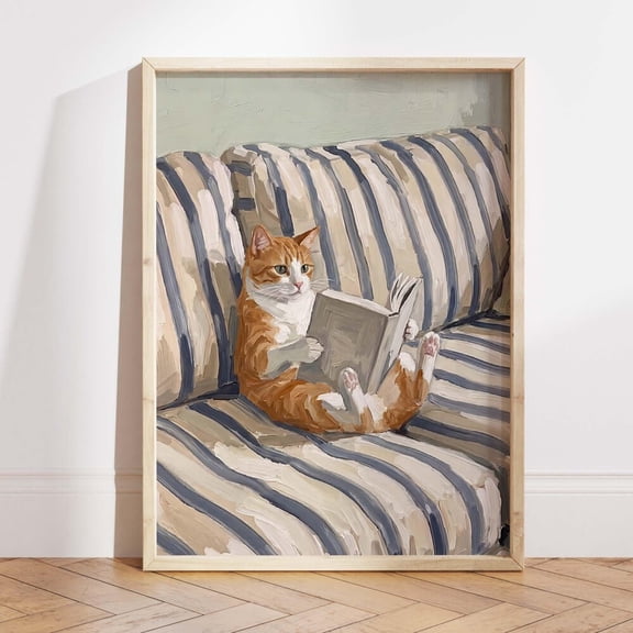 Reading cat wall art print orange tabby book lover poster cozy cottagecore pet decor whimsical living room artwork