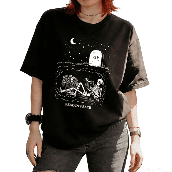 Reading in Peace Skeleton Reading Book Reading Peace Graphic Simple Minimalist Tees T-Shirt Short Sleeve Black S-5XL