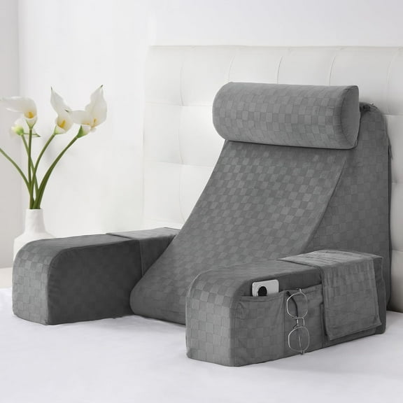 Reading pillow, back support pillow with armrests and large pockets for reading in bed and on the floor, gray
