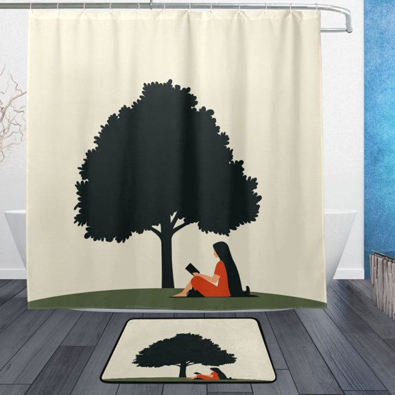 Reading under The Tree Bathroom Accessory Sets Waterproof Shower Curtain with Anti-Slip Bath Mat Durable Combo
