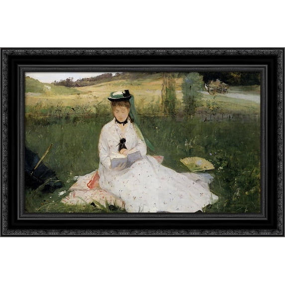 Reading with Green Umbrella 24x19 Black Ornate Wood Framed Canvas Art by Morisot, Berthe