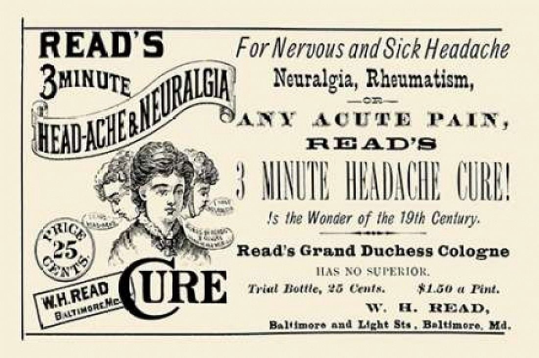 Reads 3 minute Head-Ache and Neuralgia Cure Canvas Art - Advertisement (24 x 36)