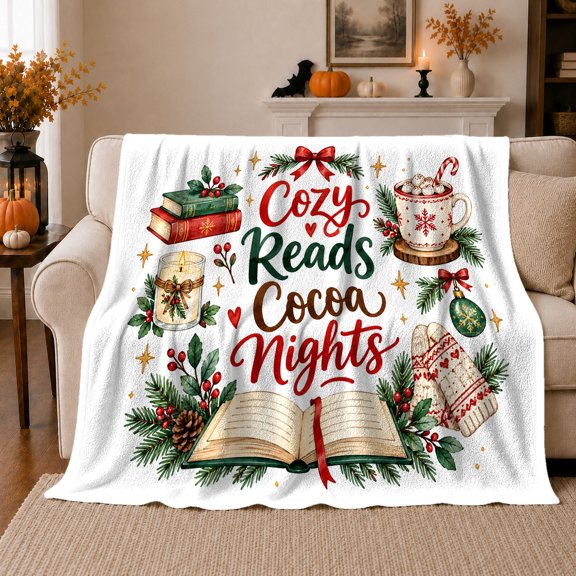 Reads decorative motif Nights Christmas Book Lover Watercolor, Festive Holiday Scene, Warm Flannel Blanket for Living Room and Reading Nook, Art Lovers Christmas Gift, Festive Home Decor