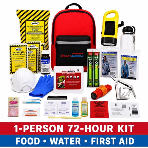 Ready America 1-Person Deluxe 72-Hour Emergency Backpack with Food, Water, First Aid & Hand-Crank Flashlight