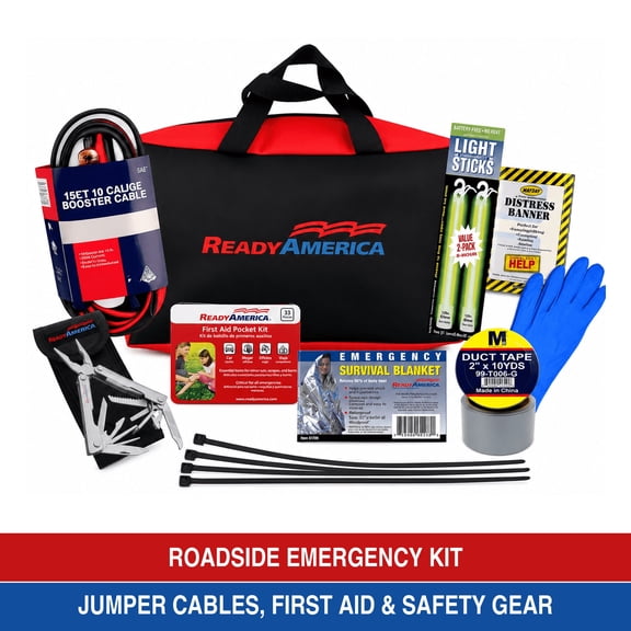 Ready America Roadside Essentials Car Emergency Kit with Booster Cables, First Aid & Lightsticks