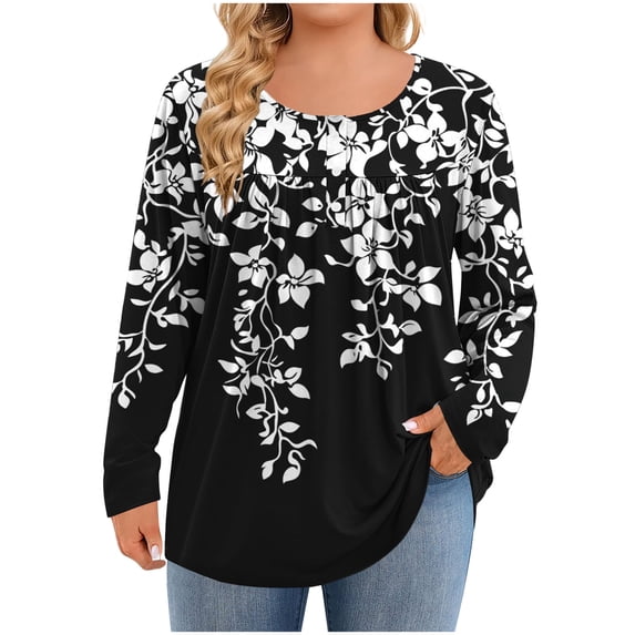 Ready for Back to School GaThRRgYP Tops for Women Plus Size,Women's Fashion Printing Casual Round Neck Long Sleeve Button Loose T-shirt Daily Printed Top Black XXXXXL