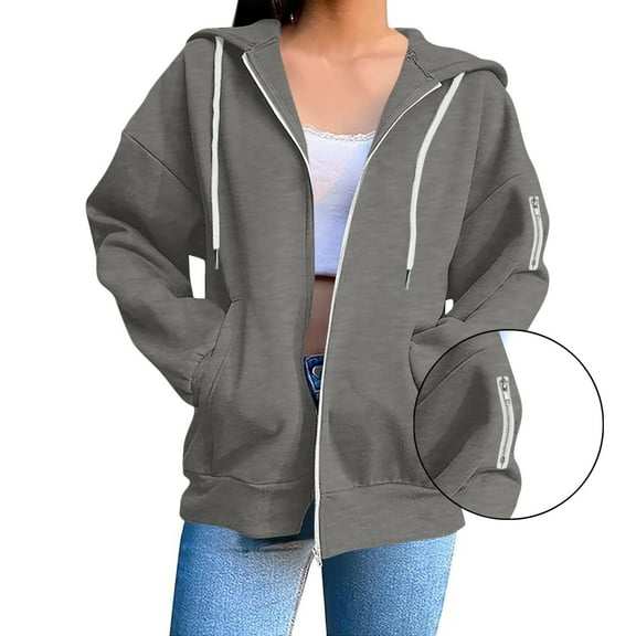 Ready for Back to School GaThRRgYP Womens Jackets and Coats with Hood,Women's Fashion Loose Long Sleeve Casual Blouses Zipper Pocket Hooded Weatshirt Top Dark Gray S