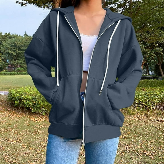 Ready for Back to School GaThRRgYP Womens Jackets and Coats with Hood,Women's Fashion Loose Long Sleeve Casual Blouses Zipper Pocket Hooded Weatshirt Top Navy S