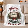 thumbnail image 1 of Ready for Christmas movie season retro TV pine berries white Flannel Blanket for living room family room Christmas Home Decor vintage cinema night Gift for families, 1 of 9