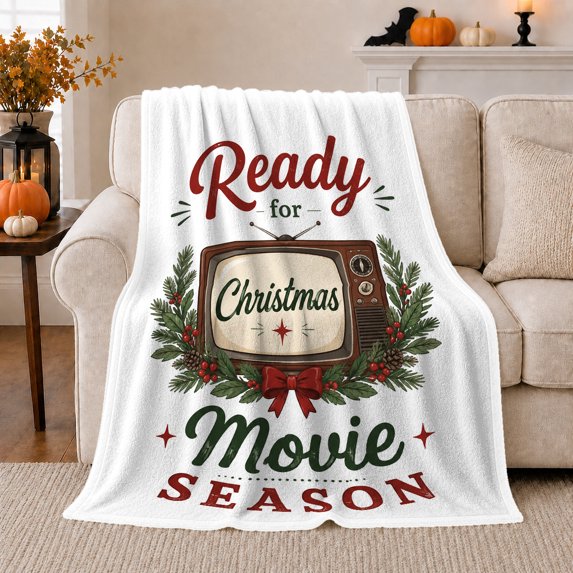Ready for Christmas movie season retro TV pine berries white Flannel Blanket for living room family room Christmas Home Decor vintage cinema night Gift for families