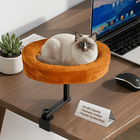 [Ready to Gift] PURRHOUSE Up To 45LBS Capacity Cat Desk Bed - 360 Rotating & Adjustable Shelf, Pet Perch For Desks With Washable Cushion, Desk Cat Bed Attachment for Various Tables (Brown)