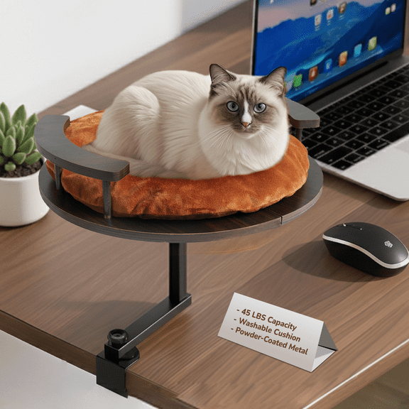 [Ready to Gift] PURRHOUSE Up to 45LBS Cat Desk Bed - 360 Rotation & Adjustable Height, Pet Perch for Desks with Washable Cushion, Desk Cat Bed Attachment for Various Tables (Wood_Brown Cushion)