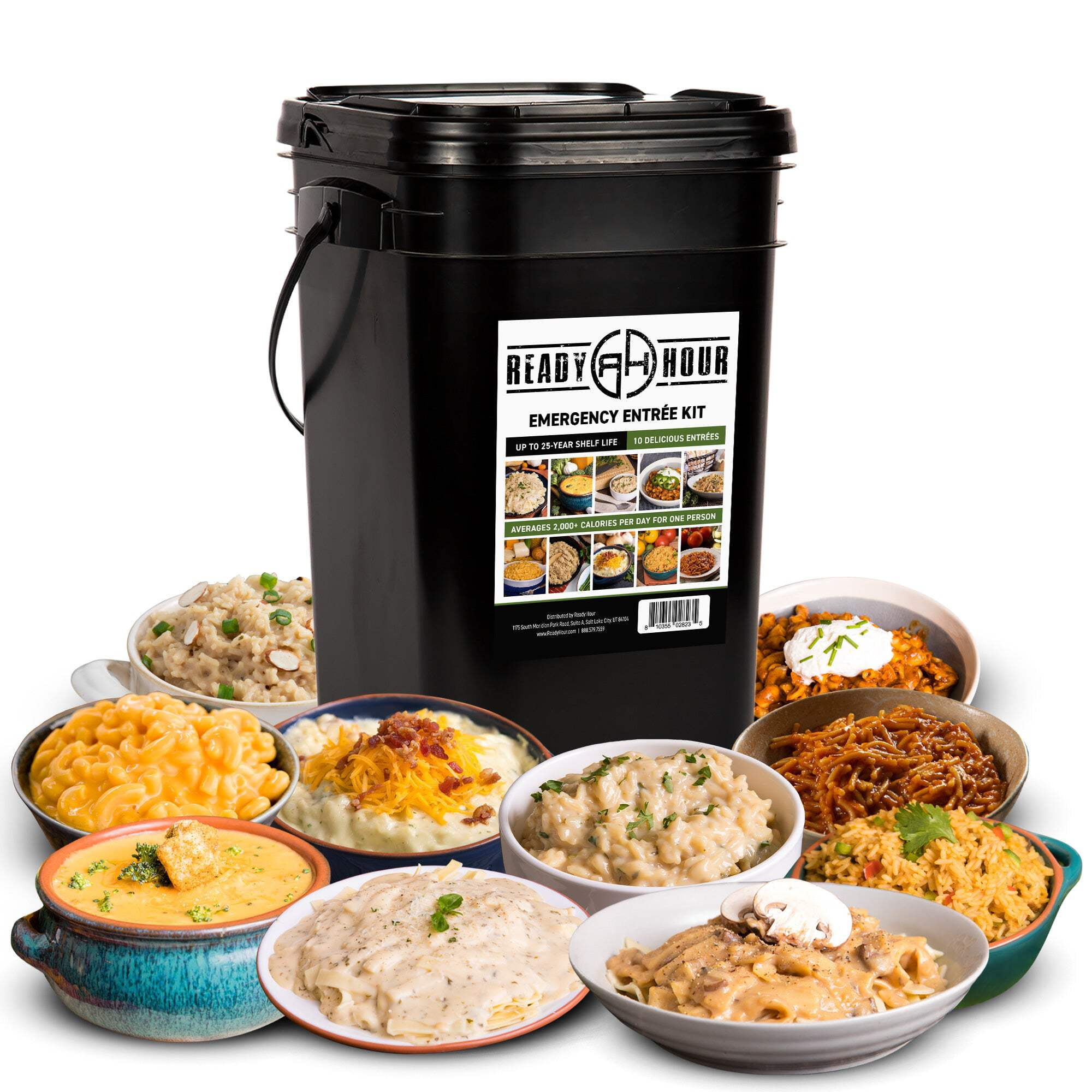 Ready Hour, Emergency Meal Entres, Real Non-Perishable Meals, 25-Year Shelf Life, Portable Flood-Safe Container, 120 Servings