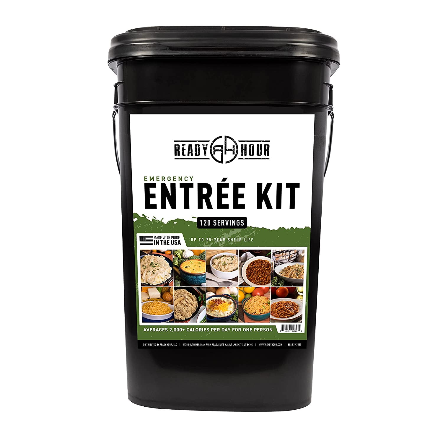 Ready Hour, Emergency Meal Entres, Real Non-Perishable Meals, 25-Year Shelf Life, Portable Flood-Safe Container, 120 Servings