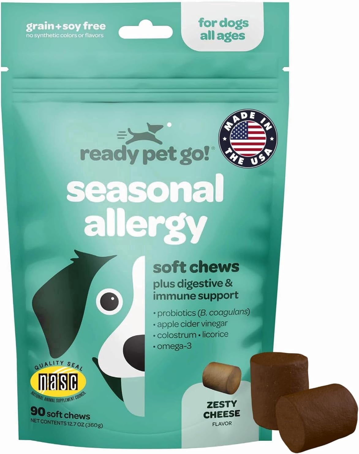 Ready Pet Go! Anti-Itch & Immune Support Dog Allergy Chews with Omega 3, Zesty Cheese, 90 Pc