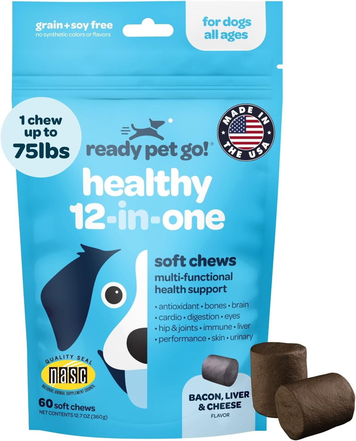 Ready Pet Go! Dog Chew 12-in-one Immune Support Multivitamin, Bacon, Liver & Cheese Flavor, 60 Count Pouch