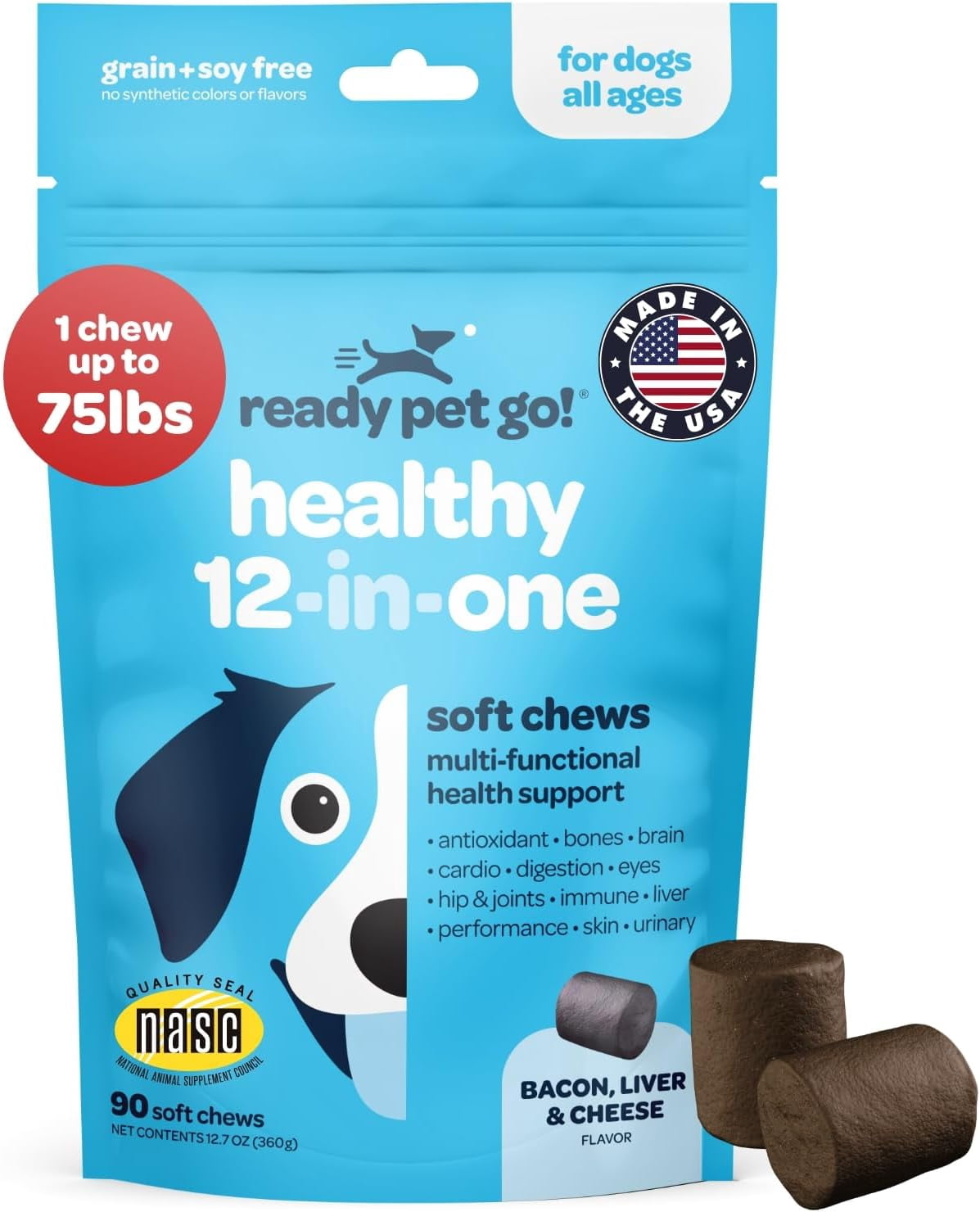 Ready Pet Go! Healthy Dog Chews 12-In-1 Complete Multivitamin for Dogs, Bacon, Liver & Cheese, 90 Pc