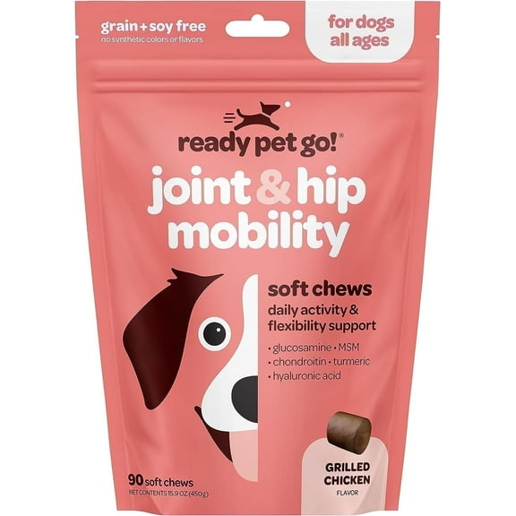 Ready Pet Go! Dog Treats, Hip and Joint Chews for Dogs with Chondroitin, MSM, & Turmeric, 90-piece