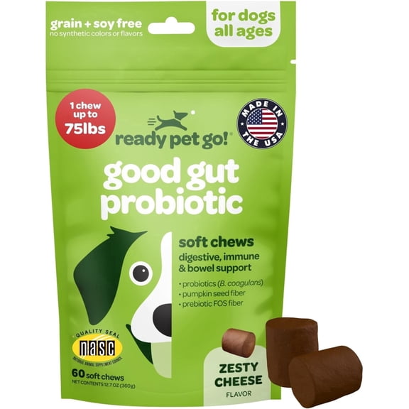 Ready Pet Go! Probiotic Dog Chews for Digestive & Gut Health with Pumpkin Seed, Zesty Cheese, 60 Pc