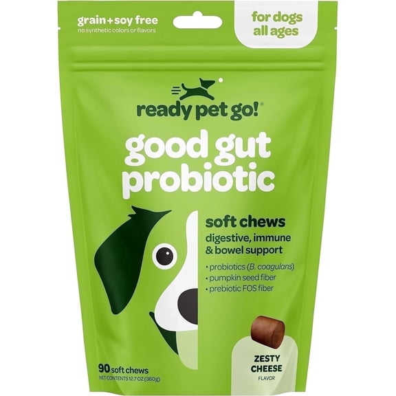 Ready Pet Go! Probiotic Dog Chews for Digestive & Gut Health with Pumpkin Seed, Zesty Cheese, 90 Pc