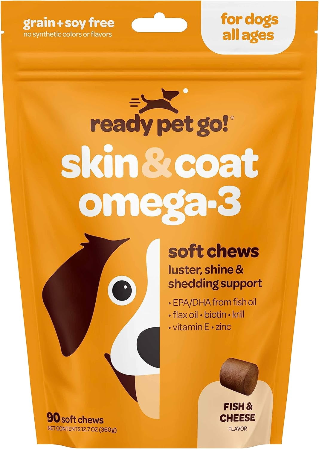 Ready Pet Go! Skin and Coat Supplement for Dogs with Omega 3, Krill Oil, and Vitamin E, 90-piece