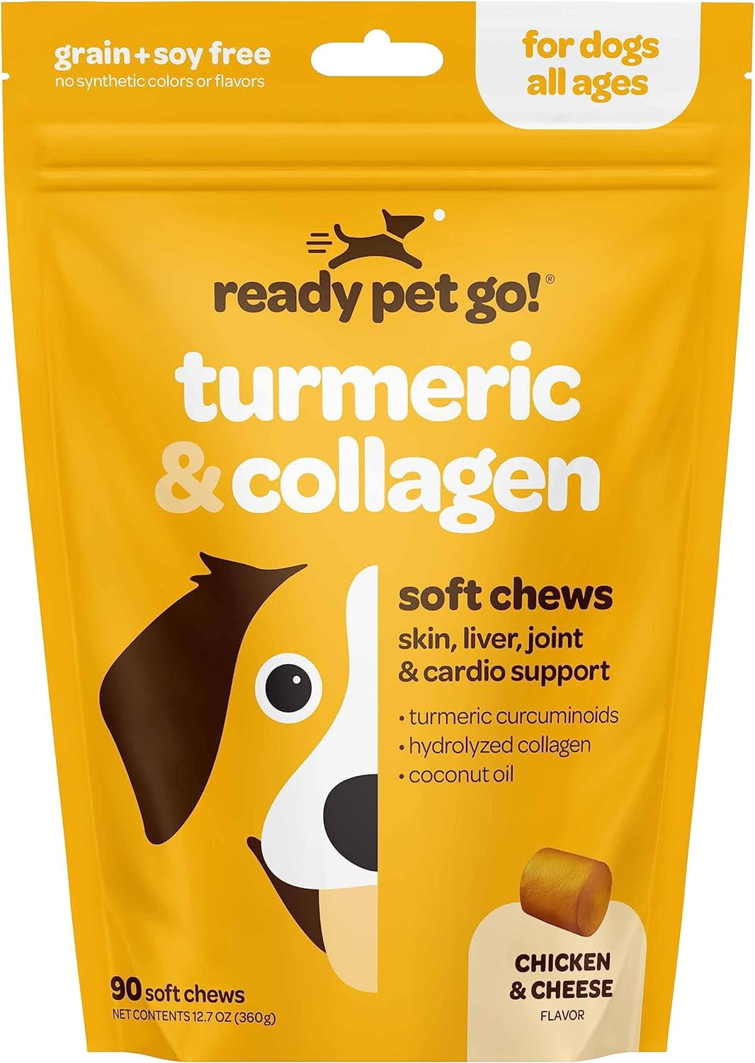 Ready Pet Go! Dog Treats, Turmeric Supplement & Collagen Chews for Dogs Hips and Joints, 90 Pc