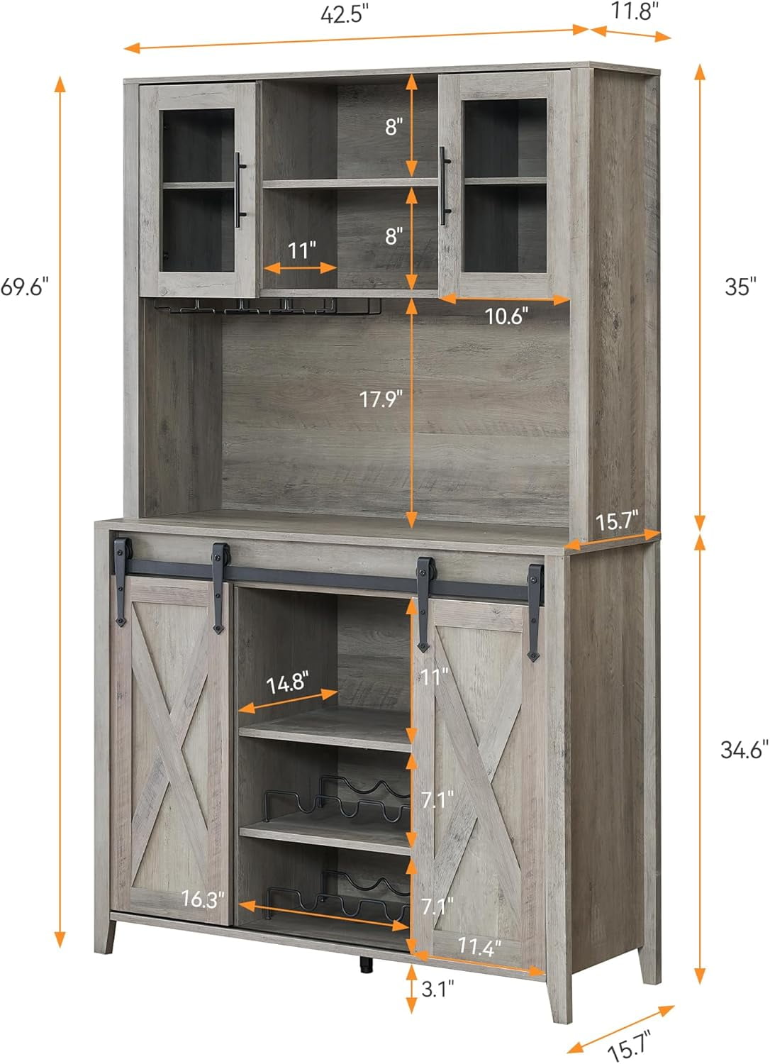 Ready to Save Gray 70-Inch Farmhouse Bar Wine Cabinet with Sliding Barn ...
