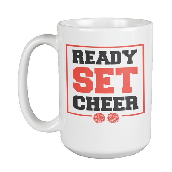 Ready, Set, Cheer With Graphic Pompoms Design Coffee & Tea Gift Mug Cup For Cheerleader Squad, College Or University Students, And Teammates (15oz)