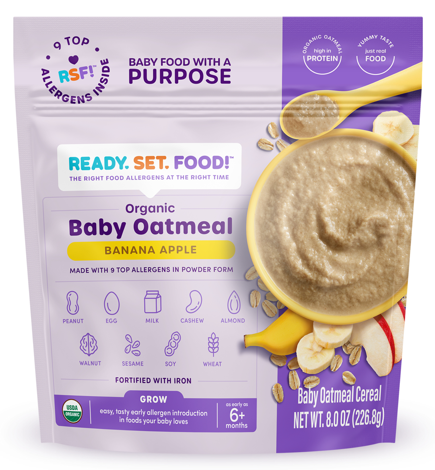 Ready, Set, Food! Organic Early Allergen Introduction Baby Oatmeal, Sweet Potato Carrot, Baby