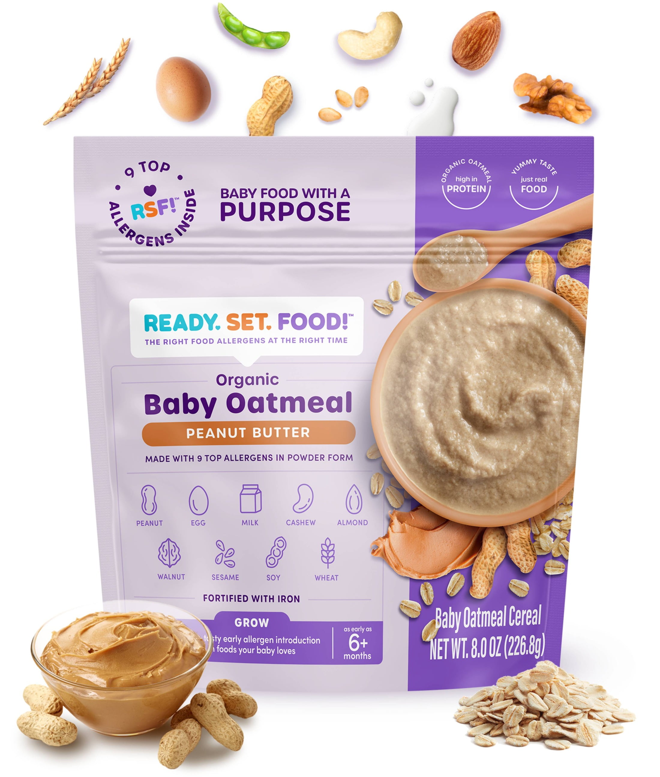 Ready, Set, Food! Organic Early Allergen Introduction Baby Oatmeal, Peanut Butter, 8 oz