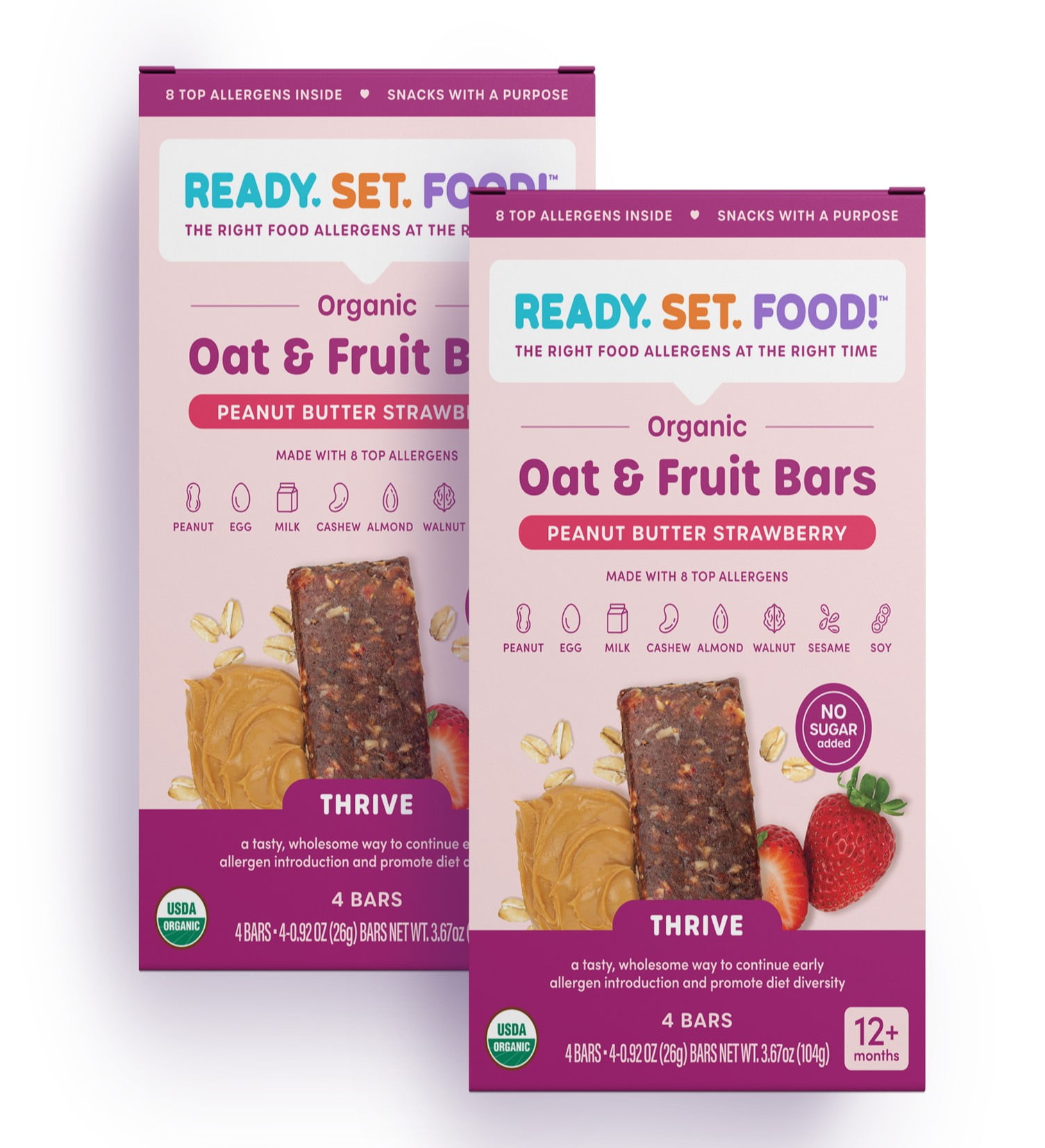 Ready, Set, Food! Organic Oat & Fruit Bar, Toddler Snack with 8 Top Allergens, Peanut Butter Strawberry, 2 Pack