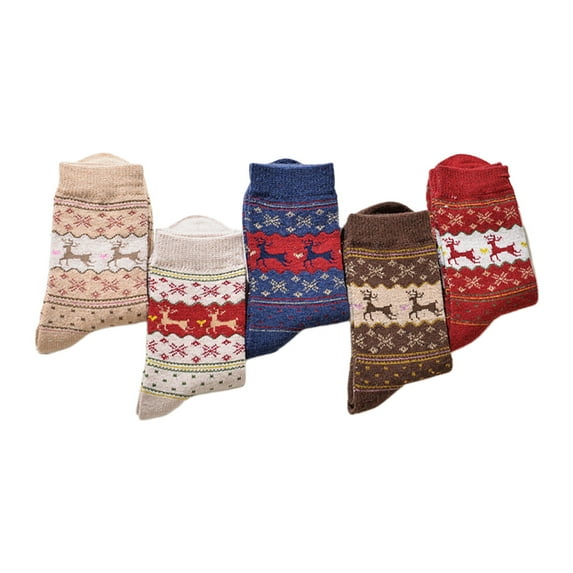 【Ready Stock】 5 Ps Womens Winter Thicken Faux Wool Knitted Cozy Crew Socks Candy Color Cartoon Animal Printed Multicolor Mid Calf Warm Hosiery