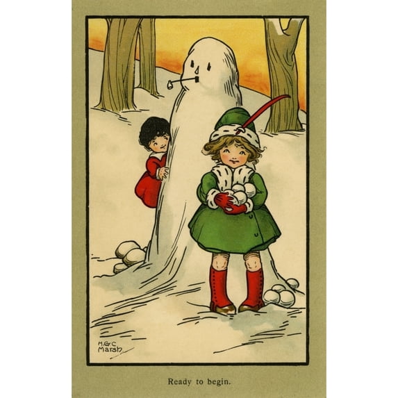 Ready To Begin -- Children With Snowman And Snowballs Print By Mary Evans Picture Librarypeter & Dawn Cope Collection