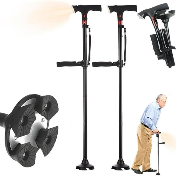 Ready Walker Cane,ReadyWalker Smart Cane with LED Light & Alarm,Readywalker Canes Four-Leg Base,Double Handles,Foldable and Adjustable,Lightweight Mobility Aid Suitable for Seniors and Adults