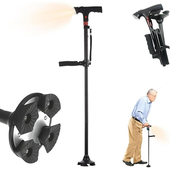 Ready Walker Cane,ReadyWalker Smart Cane with LED Light & Alarm,Readywalker Canes Four-Leg Base,Double Handles,Foldable and Adjustable,Lightweight Mobility Aid Suitable for Seniors and Adults