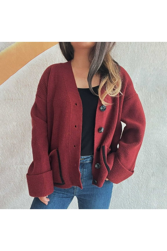 Ready for Back to School GaThRRgYP Sweater Cardigans for Girls,Women's V-sleeve Solid Color Button-down Pocket Loose Casual Sweater Cardigan Wine S