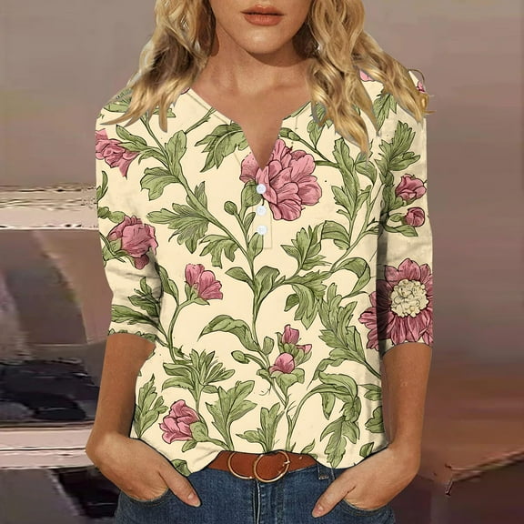 Ready for Back to School LEAVINGSUO Fall Hoodies for Women Plus Size 2025,Women's Fashion Casual Printed 3/4 Sleeve V-Neck Button Beige XXXL